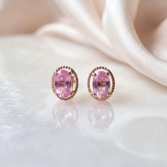 Genuine Pink Sapphire Oval Stud Earrings in 18k Solid Gold