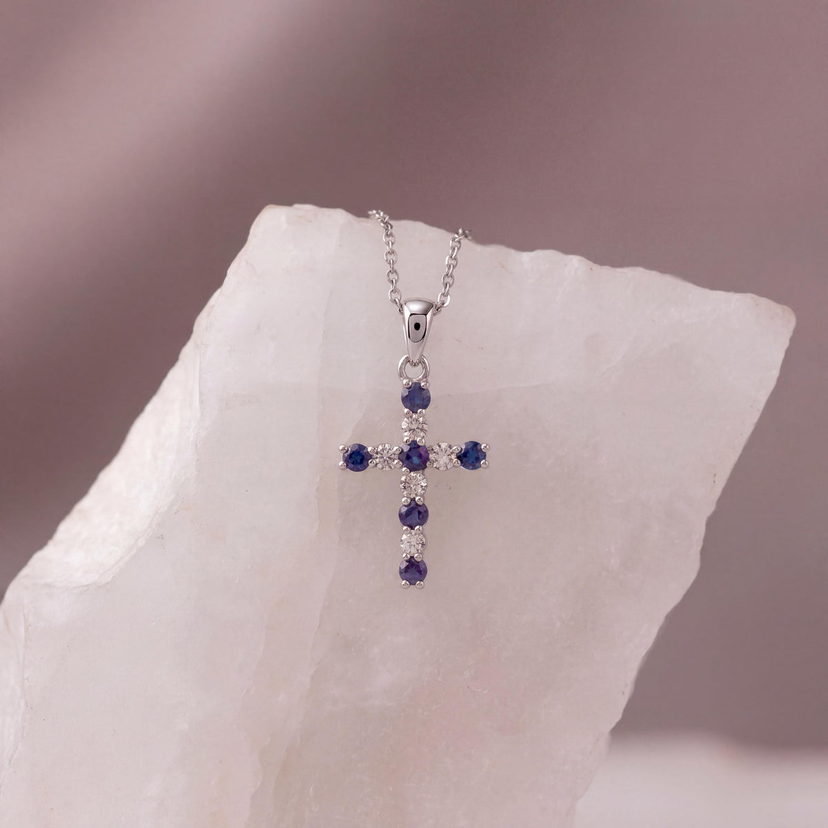 14k White Gold Sapphire Diamond Cross Pendant, September Birthstone Jewelry