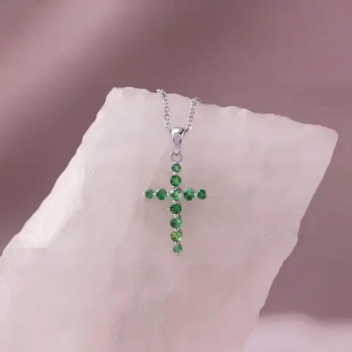 Genuine Emerald Round Cut Cross Pendant in 14k Solid Gold