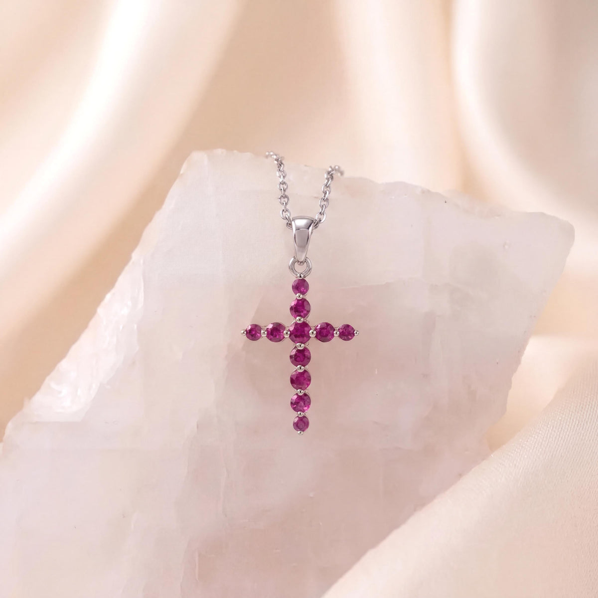 Genuine Ruby Round Cut Cross Pendant, 14k Solid Gold, July Birthstone, Gift for Her