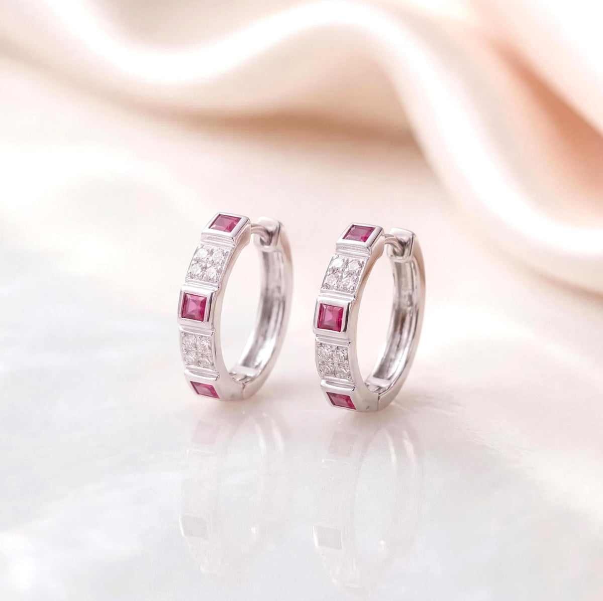 Genuine Ruby and Diamond Eternity Square Hoop Earrings in 14k Solid Gold