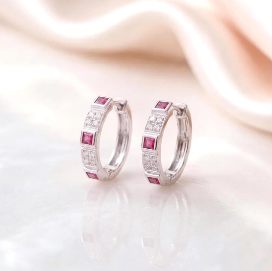 Genuine Ruby and Diamond Eternity Square Hoop Earrings in 14k Solid Gold