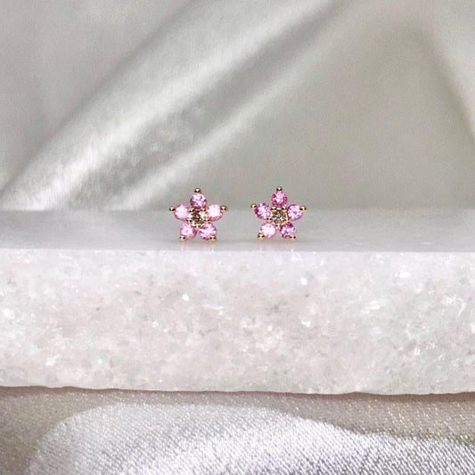 Genuine Pink Sapphire and Diamond Flower Stud Earrings / 14k Solid Gold