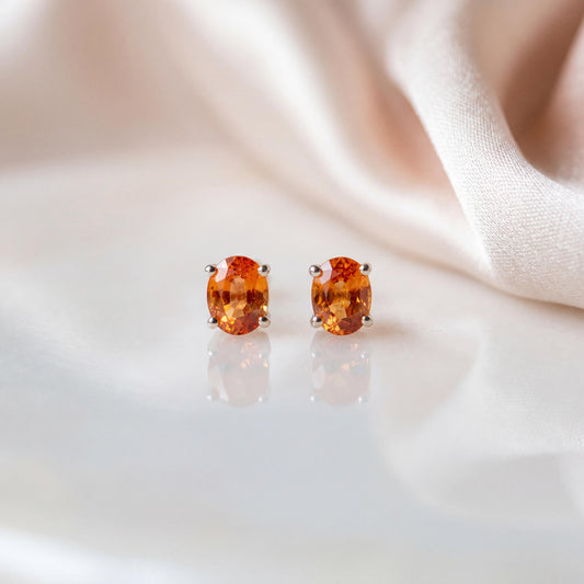 Genuine Orange Sapphire Oval Cut Stud Earrings in 14K Solid Gold