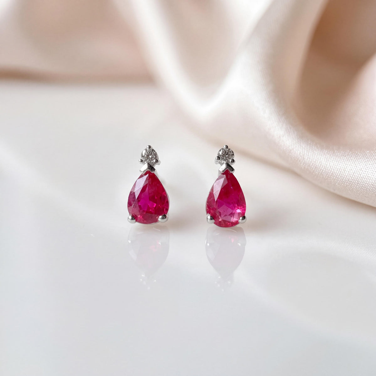 Genuine Ruby and Diamond Teardrop Stud Earrings in 14k Solid White Gold