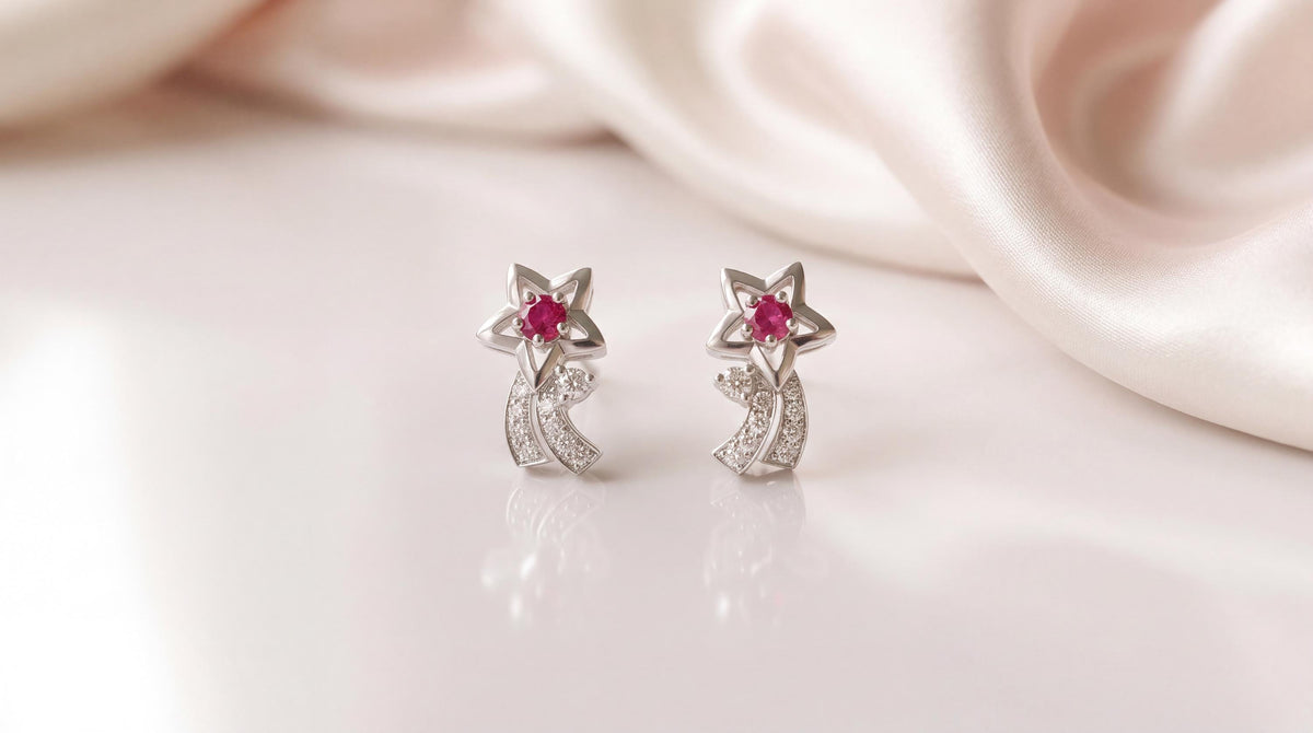 Genuine Ruby Diamond All Star Earrings, 14k Solid White Gold, July Birthstone