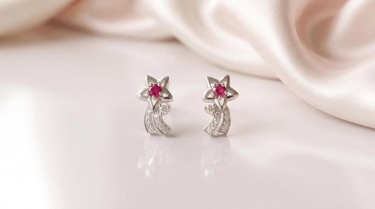Genuine Ruby Diamond All Star Earrings, 14k Solid White Gold, July Birthstone