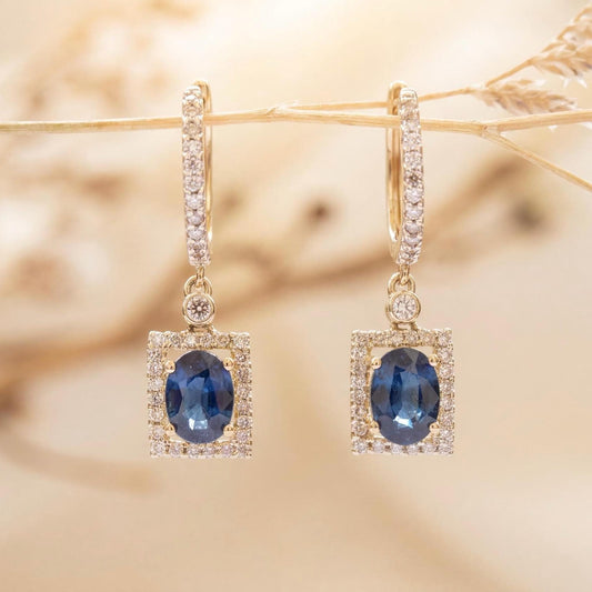 Genuine Sapphire and Diamond Oval Cut Prism Huggie Earrings in 14k Solid Yellow Gold