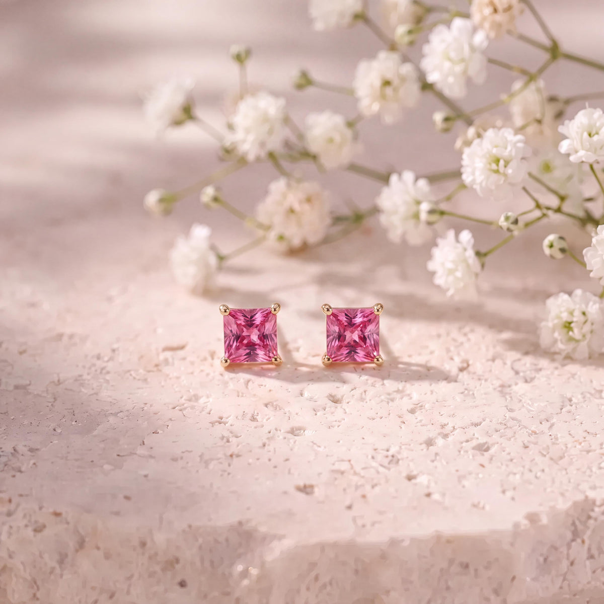 Genuine Pink Sapphire Princess Cut Stud Earrings / 18k Solid Gold / 14k Solid Gold