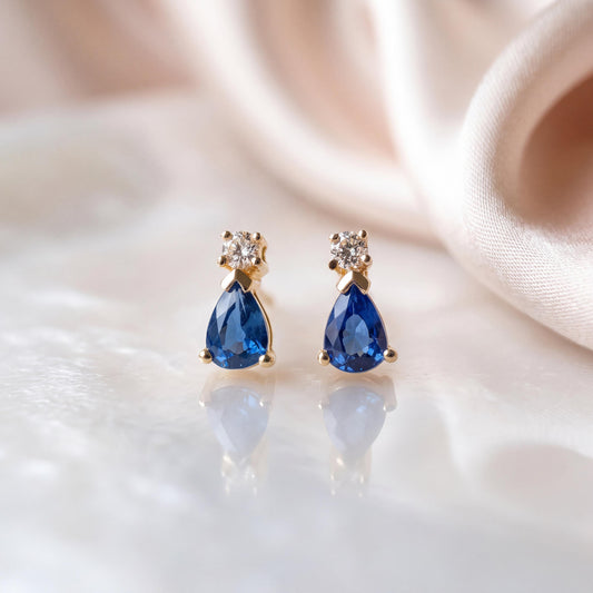 Genuine Sapphire and Diamond Teardrop Stud Earrings in 14k Solid Gold