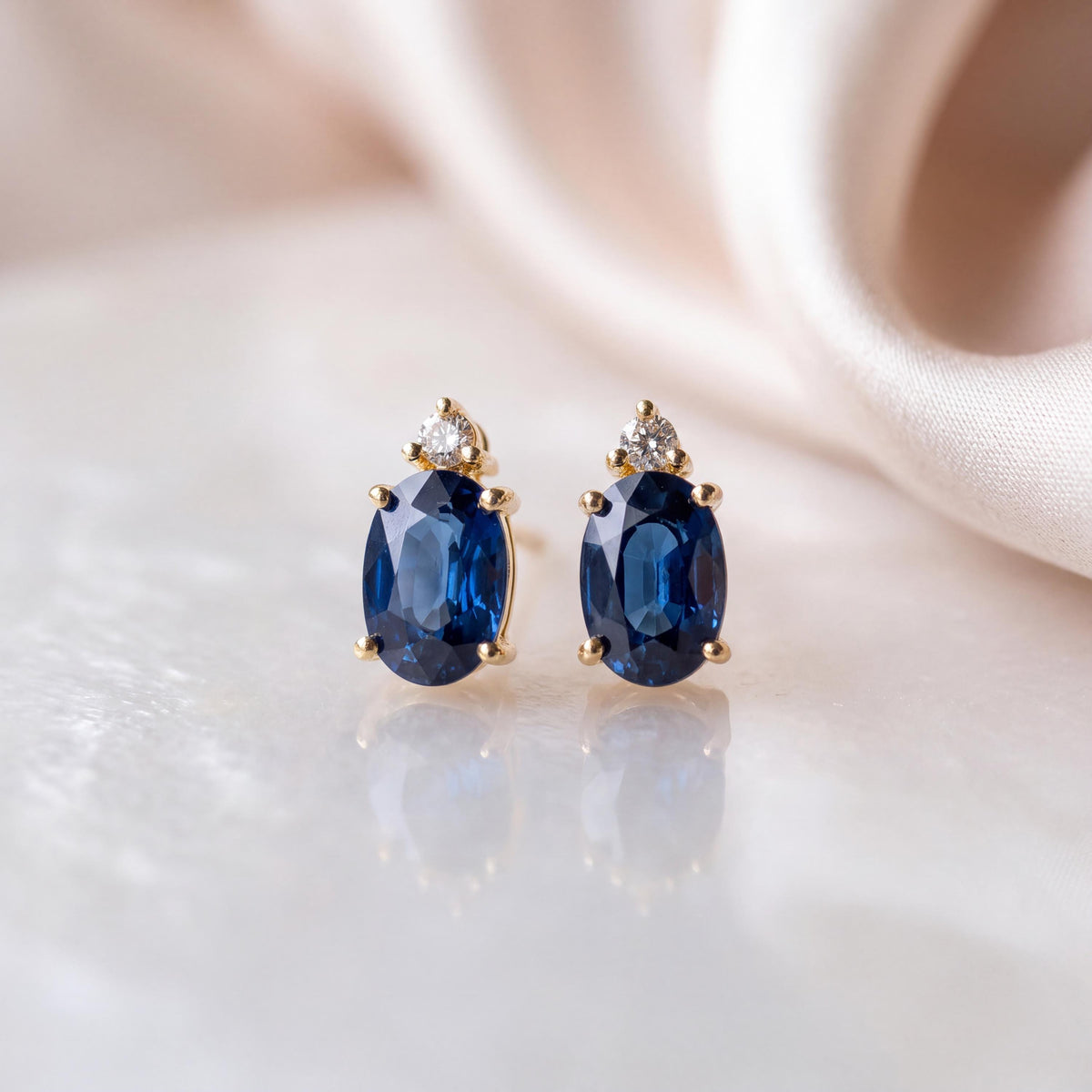 Genuine Sapphire and Diamond Oval Stud Earrings in 14k and 18k Solid Gold