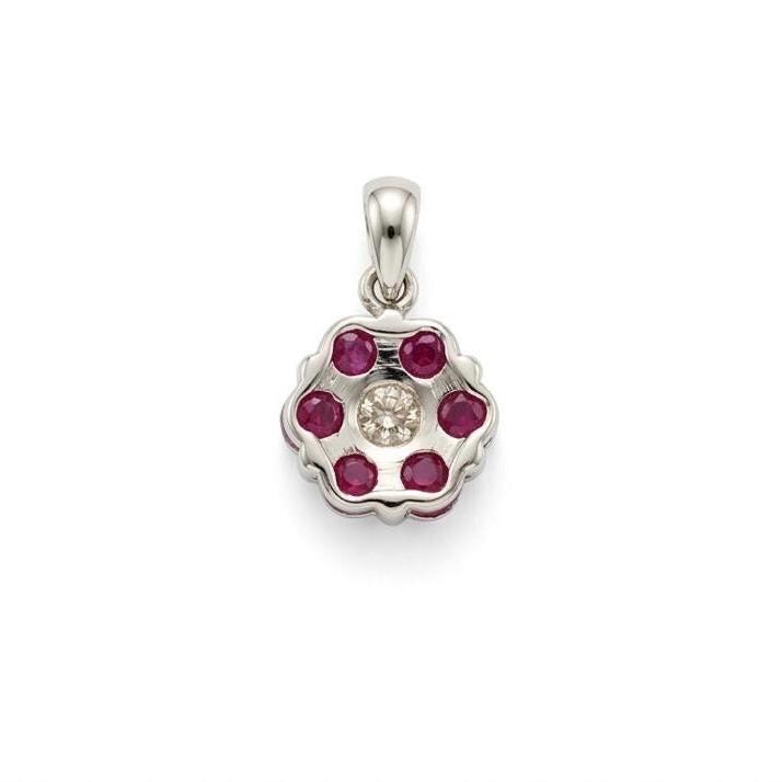 Genuine Ruby and Diamond Flower Pendant in 14k Solid Gold
