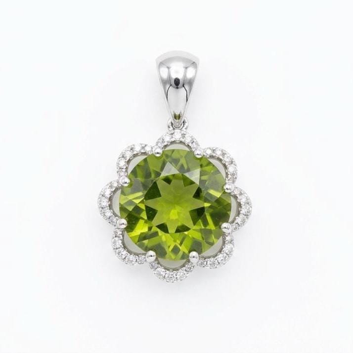 Peridot Diamond Pendant, Genuine 5.25cts Round Cut, 14k Solid White Gold Necklace, August Birthstone, Gift for Her