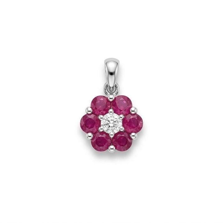 Genuine Ruby and Diamond Flower Pendant in 14k Solid Gold