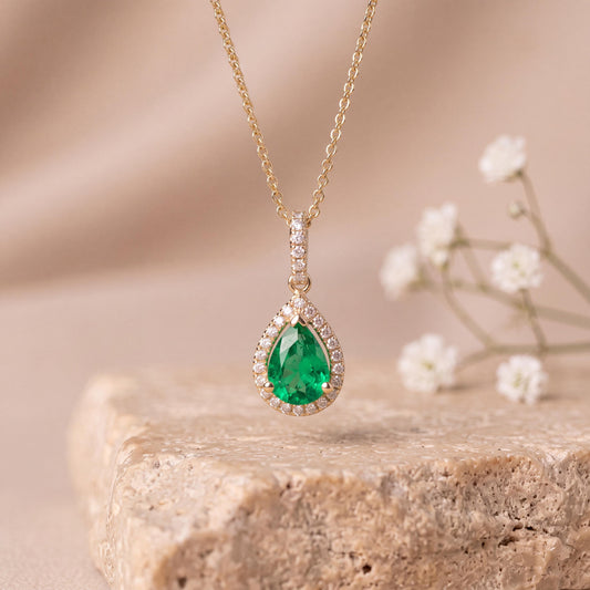 Emerald Diamond Teardrop Pendant, Genuine Pear Cut, 14k Solid Gold , May Birthstone, Gift for Her