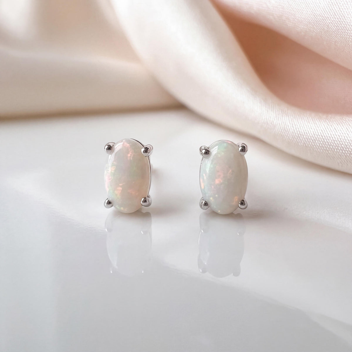 Genuine Opal Oval Solitaire Stud Earrings, 14k Solid Gold, October Birthstone, Gift for Her