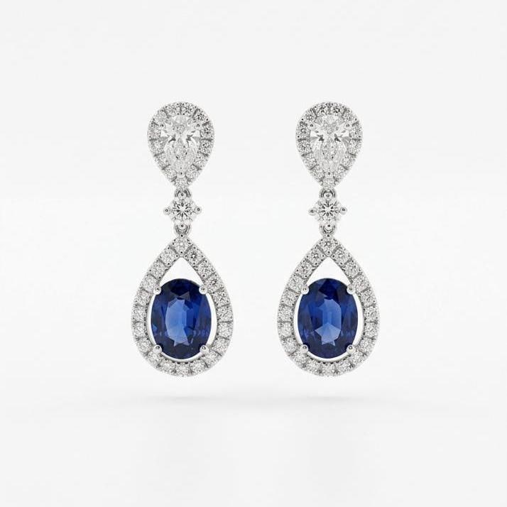 Genuine Oval Sapphires and Teardrop Diamonds Dangle Earrings in 18k Solid White Gold