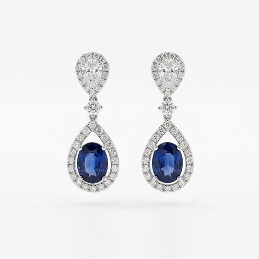 Genuine Oval Sapphires and Teardrop Diamonds Dangle Earrings in 18k Solid White Gold