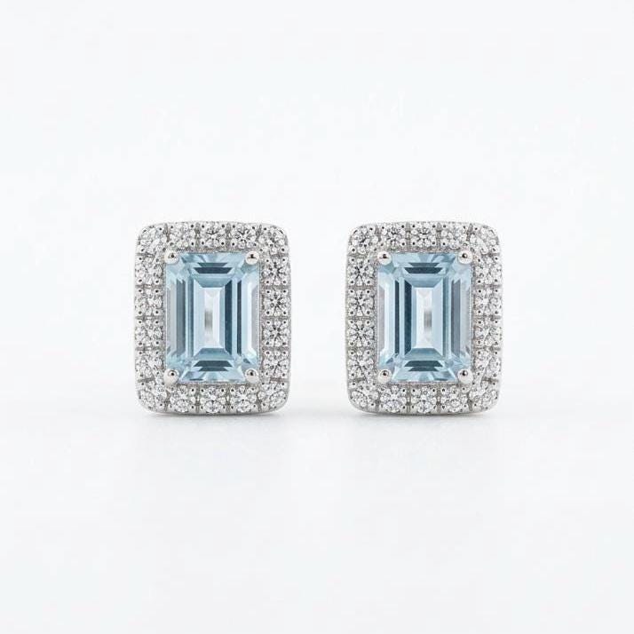 Genuine Emerald Cut Aquamarines and Diamond Studs in 18k Solid White Gold