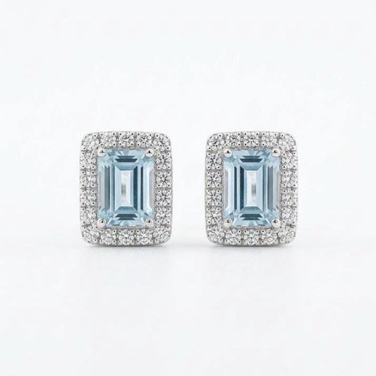 Genuine Emerald Cut Aquamarines and Diamond Studs in 18k Solid White Gold