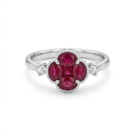 Genuine Ruby and Diamond Clover Ring in 14k White Gold