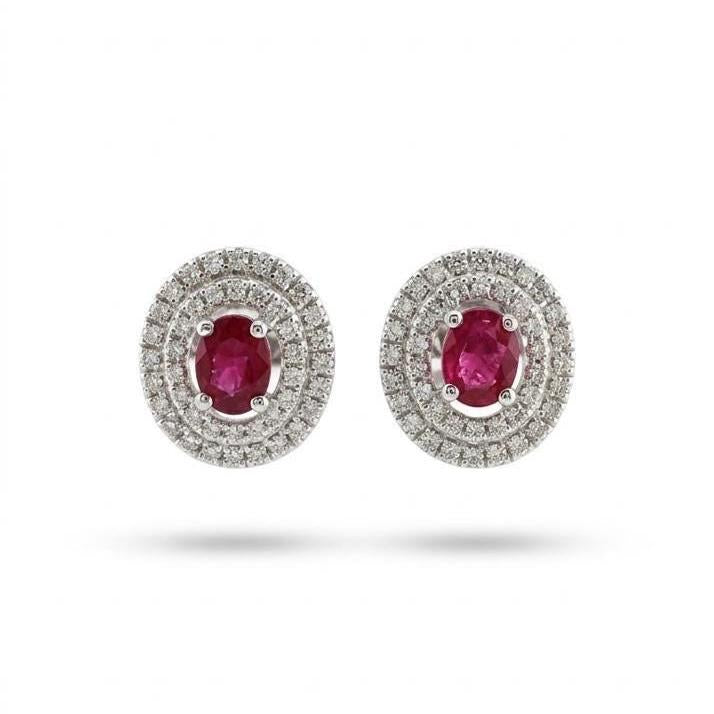 Genuine Oval Ruby and Pavè Diamond Double Halo Earrings | 18k Solid White Gold