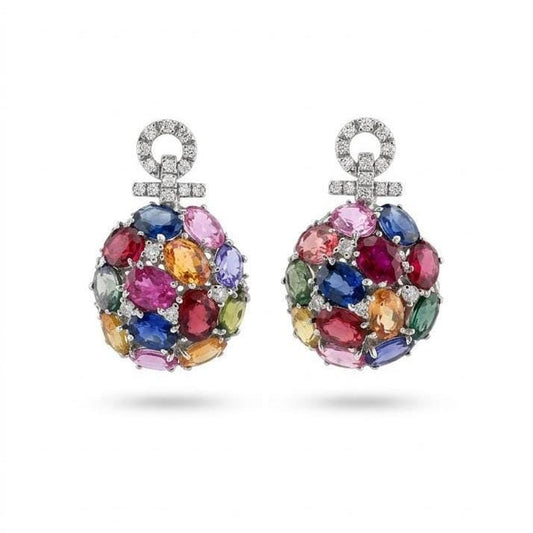 Genuine Rainbow Sapphire and Diamond Earrings / 14k Solid Gold