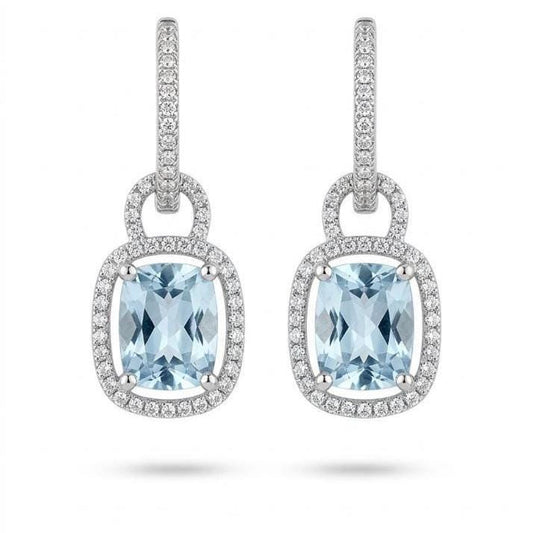 Genuine Aquamarine and Diamond Cushion Cut 2-in-1 Huggies in 14k Solid White Gold