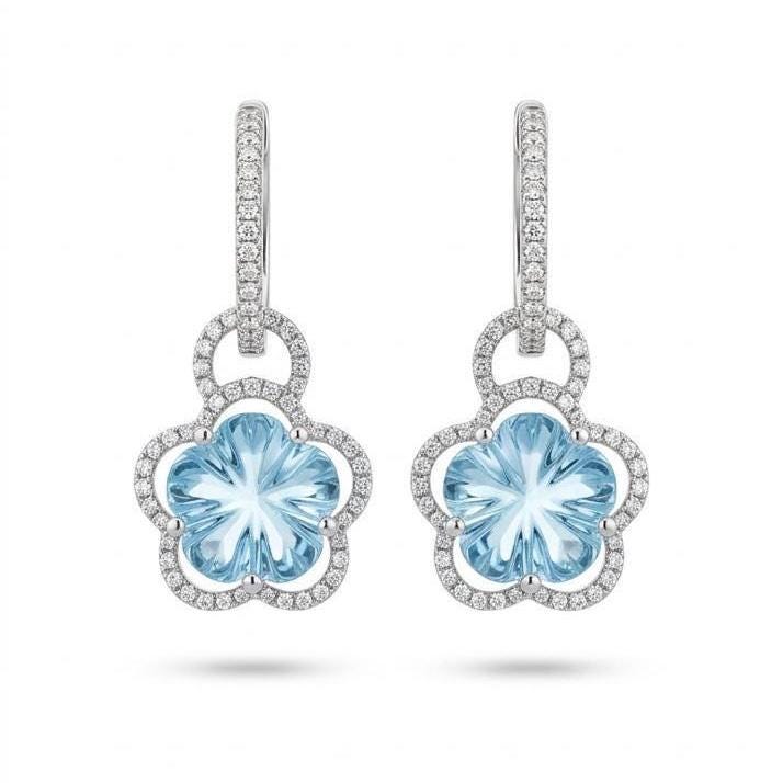 Genuine Blue Topaz and Diamond Flower 2 in 1 Huggies | 14k White Gold