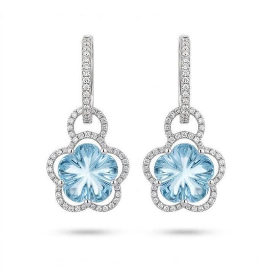 Genuine Blue Topaz and Diamond Flower 2 in 1 Huggies | 14k White Gold