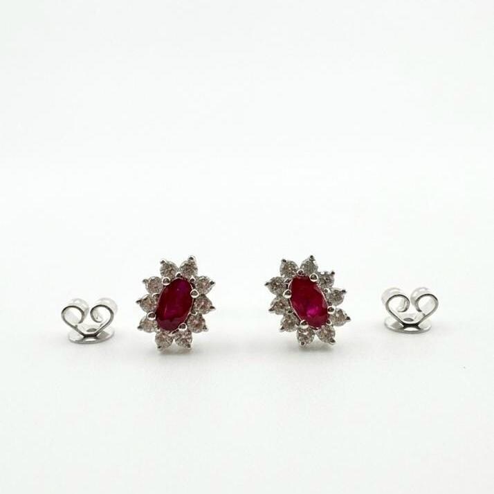 Genuine Oval Ruby and Diamond Solaris Halo Stud Earrings | 18k Solid White Gold