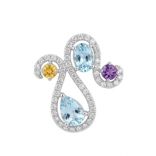 Genuine Aquamarine Amethyst Citrine and Diamond Pendant | 14K Solid Gold