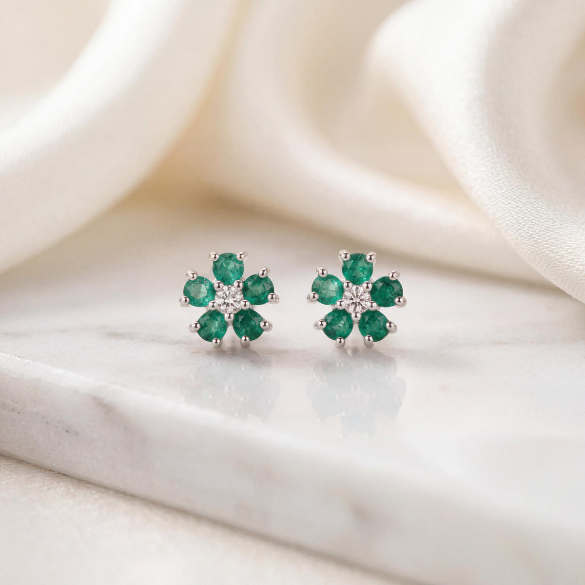 Genuine Emerald and Diamond Flower Stud Earrings in 14k Solid Gold