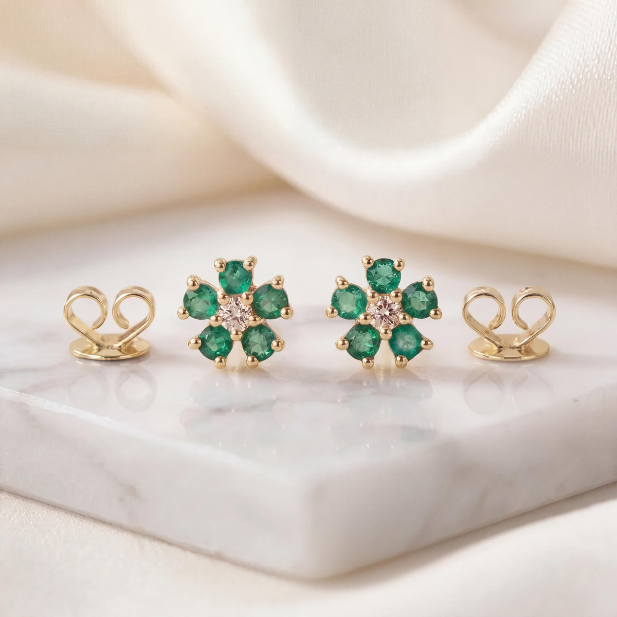 Genuine Emerald and Diamond Flower Stud Earrings in 14k Solid Gold