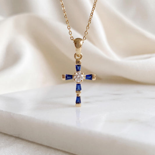 Genuine Sapphire Diamond Baguette Cross Pendant (Mini) in 14k Solid Gold