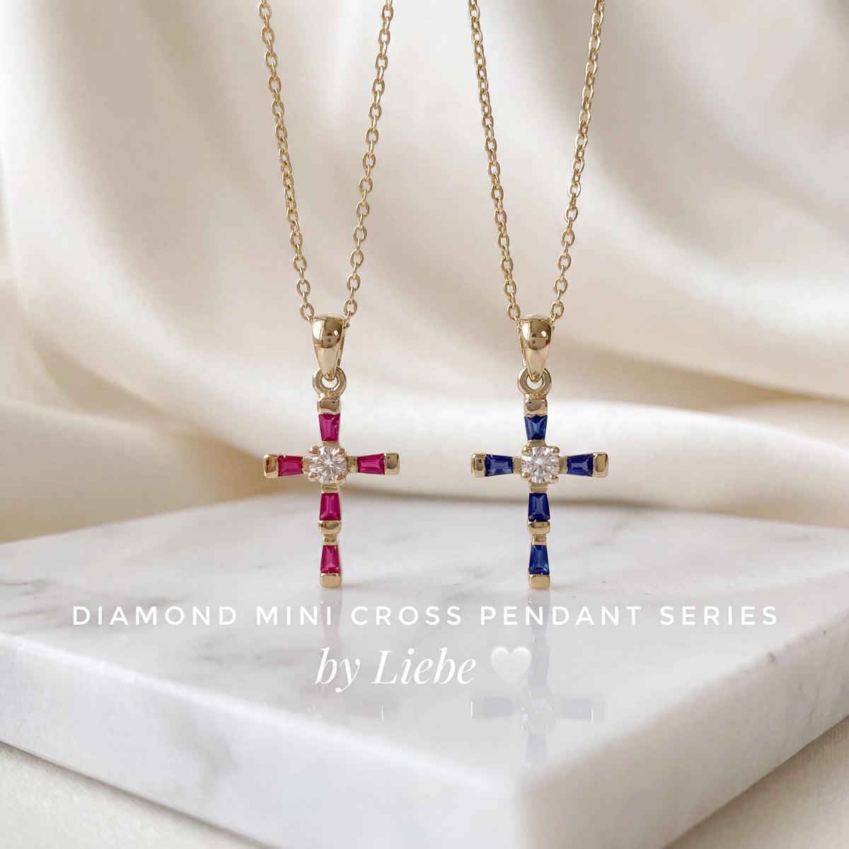 Genuine Ruby Diamond Baguette Cross Pendant (Mini) | 14k Solid Gold