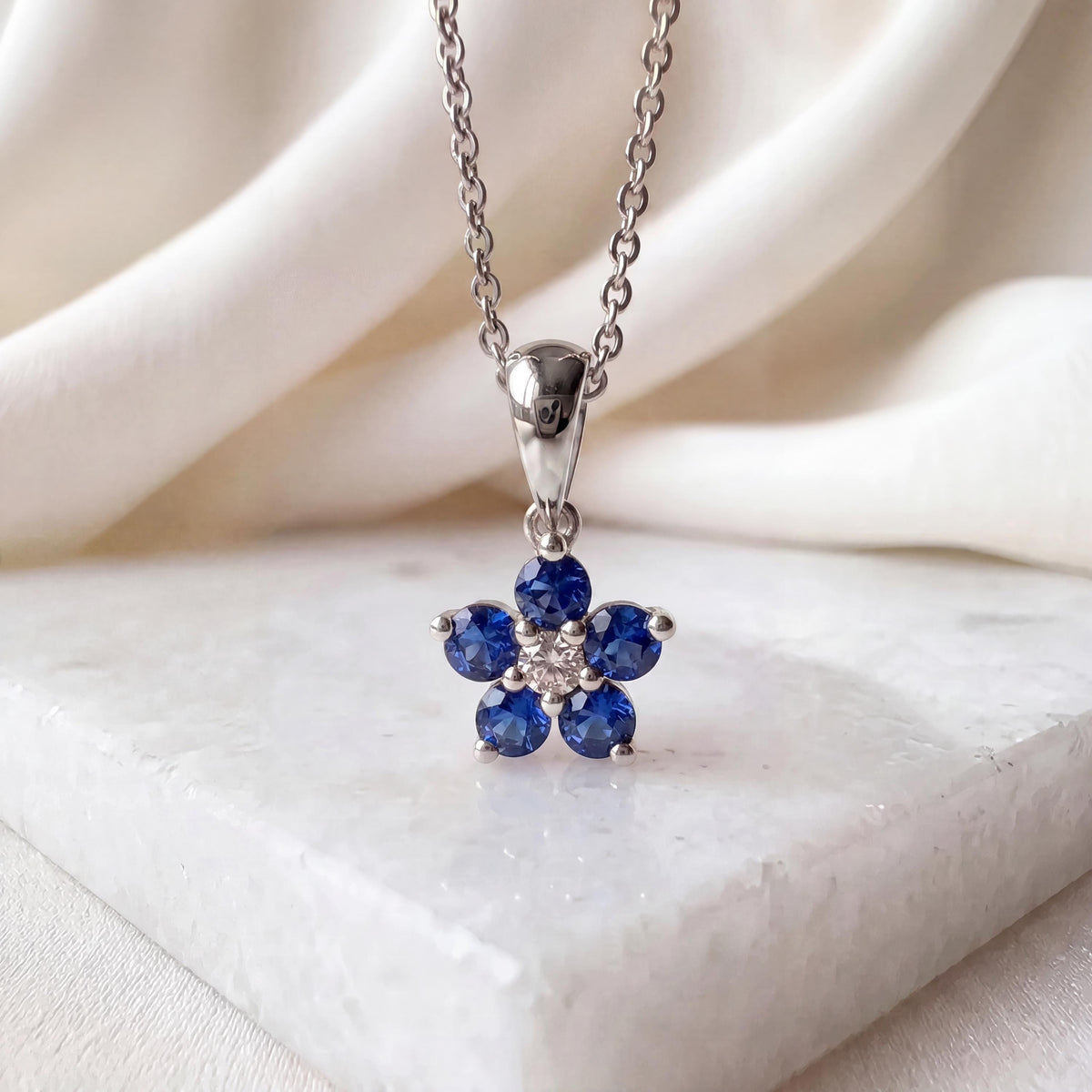 Genuine Sapphire and Diamond Flower Pendant (Mini) in 14k Solid Gold