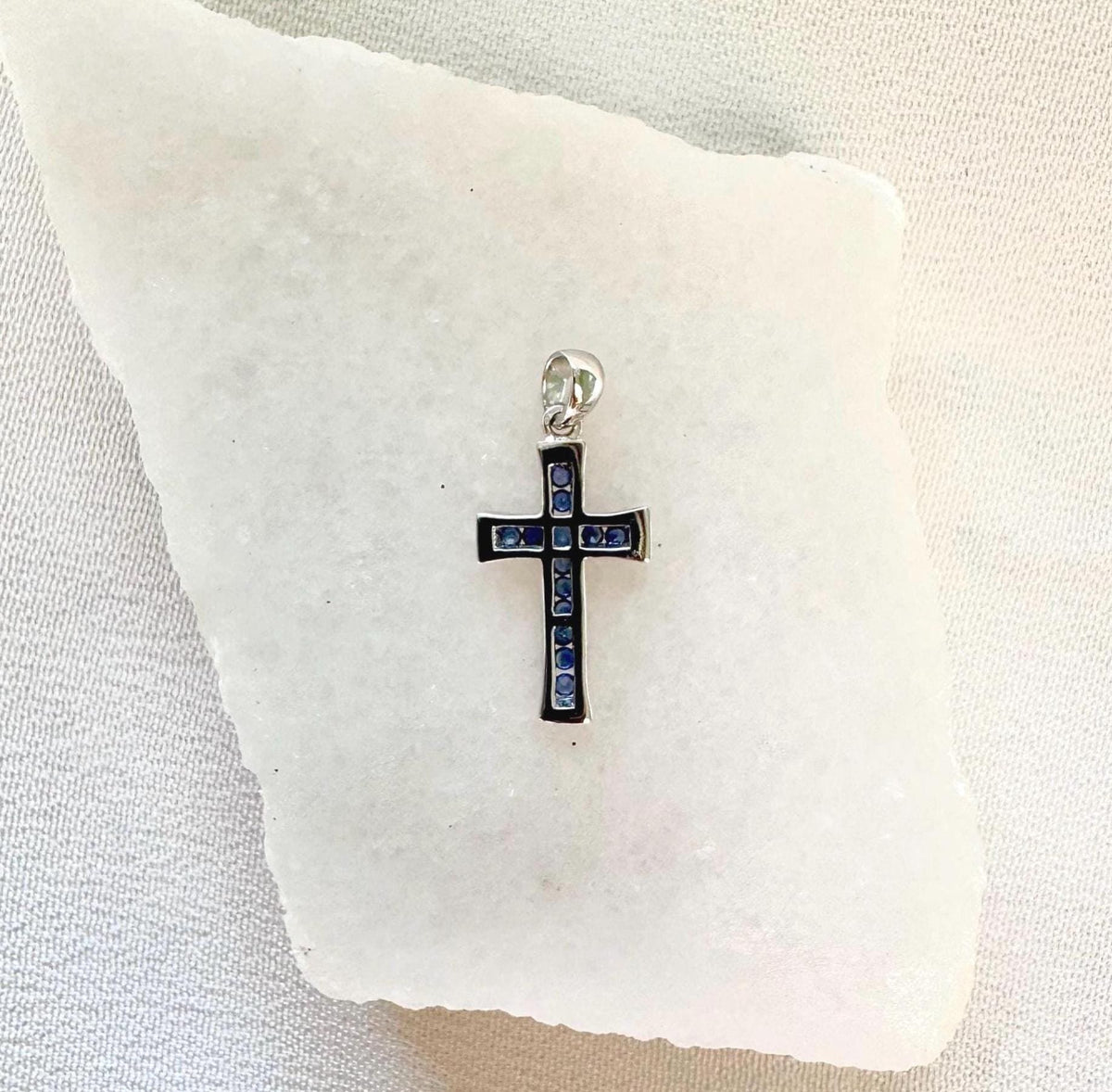 Genuine Sapphire Mini Tapered Cross Pendant in 18k Solid Gold