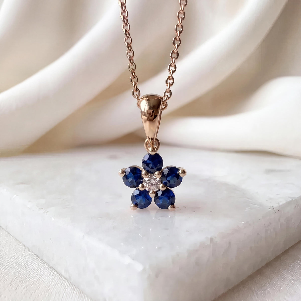 Genuine Sapphire and Diamond Flower Pendant (Mini) in 14k Solid Gold