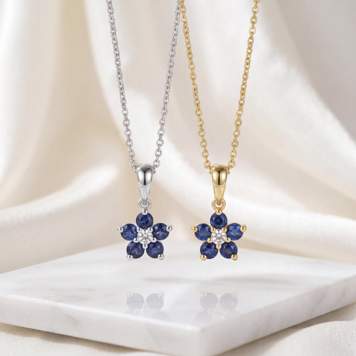 Genuine Sapphire and Diamond Flower Pendant (Mini) in 14k Solid Gold