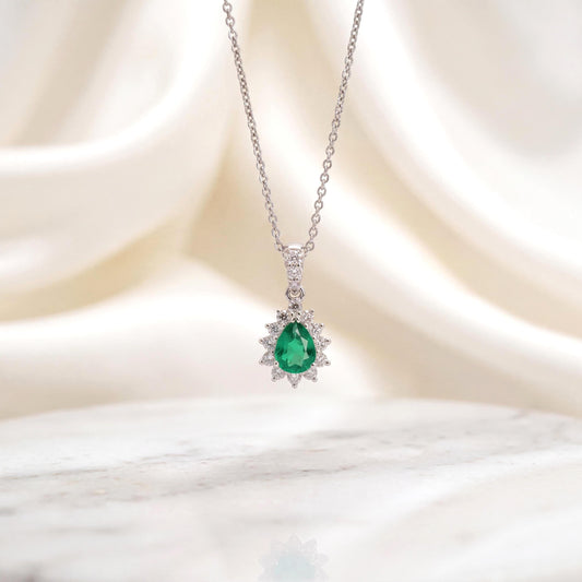 Genuine Teardrop Halo Emerald and Diamond Pendant in 18k Solid White Gold