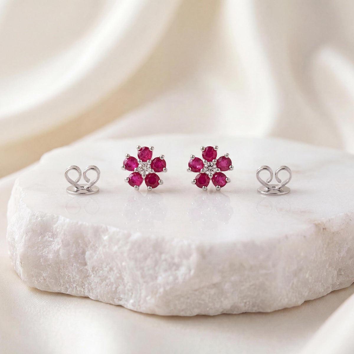 Genuine Ruby and Diamond Flower Stud Earrings / 14k Solid Gold