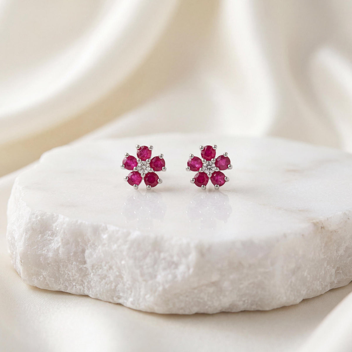 Genuine Ruby and Diamond Flower Stud Earrings / 14k Solid Gold