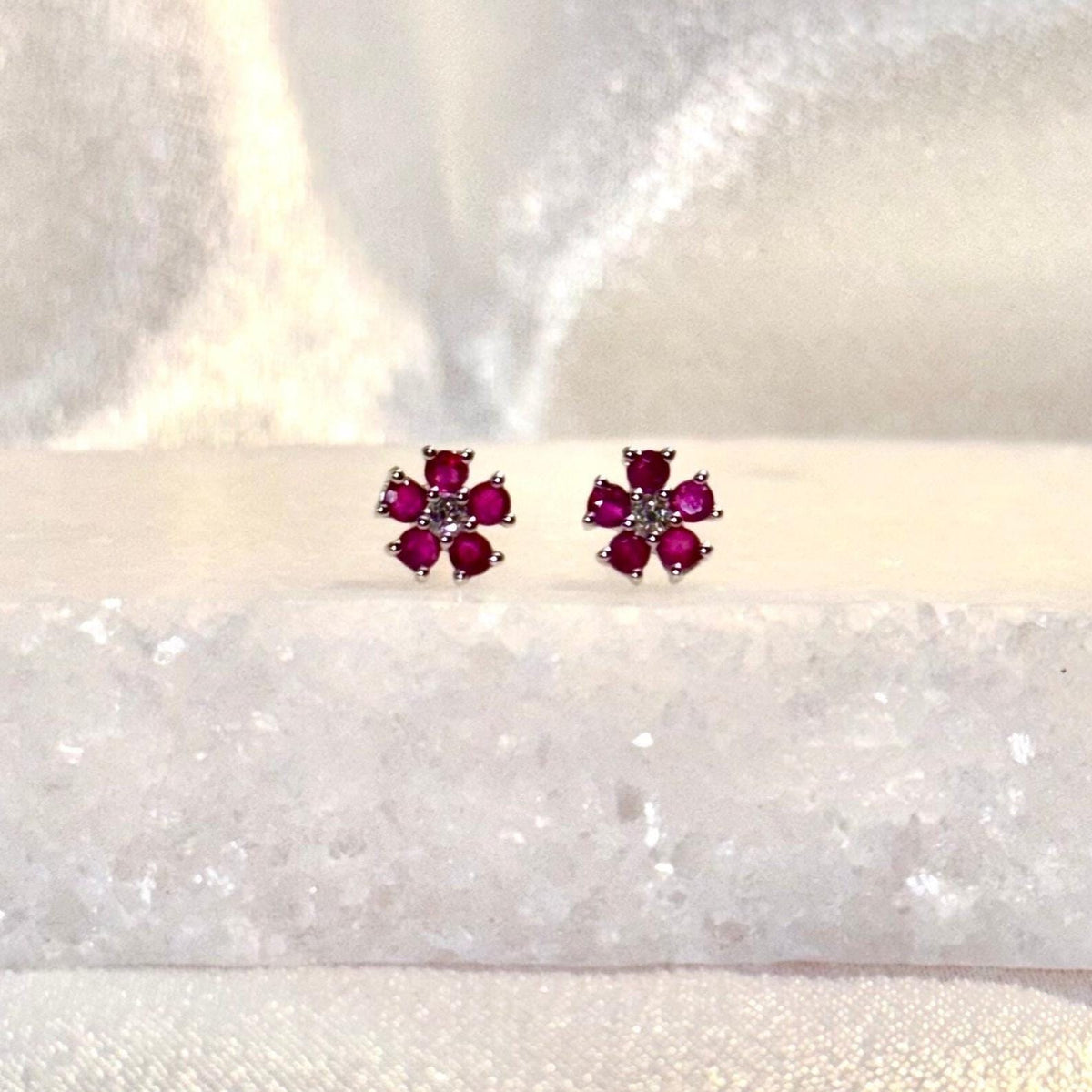 Genuine Ruby and Diamond Flower Stud Earrings / 14k Solid Gold