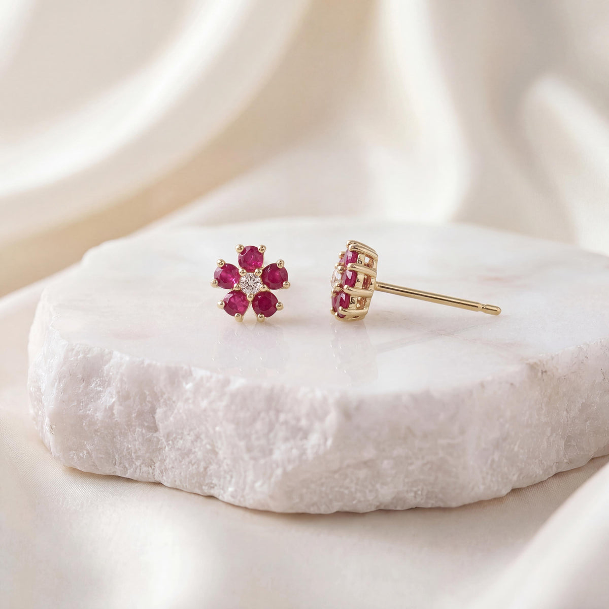 Genuine Ruby and Diamond Flower Stud Earrings / 14k Solid Gold