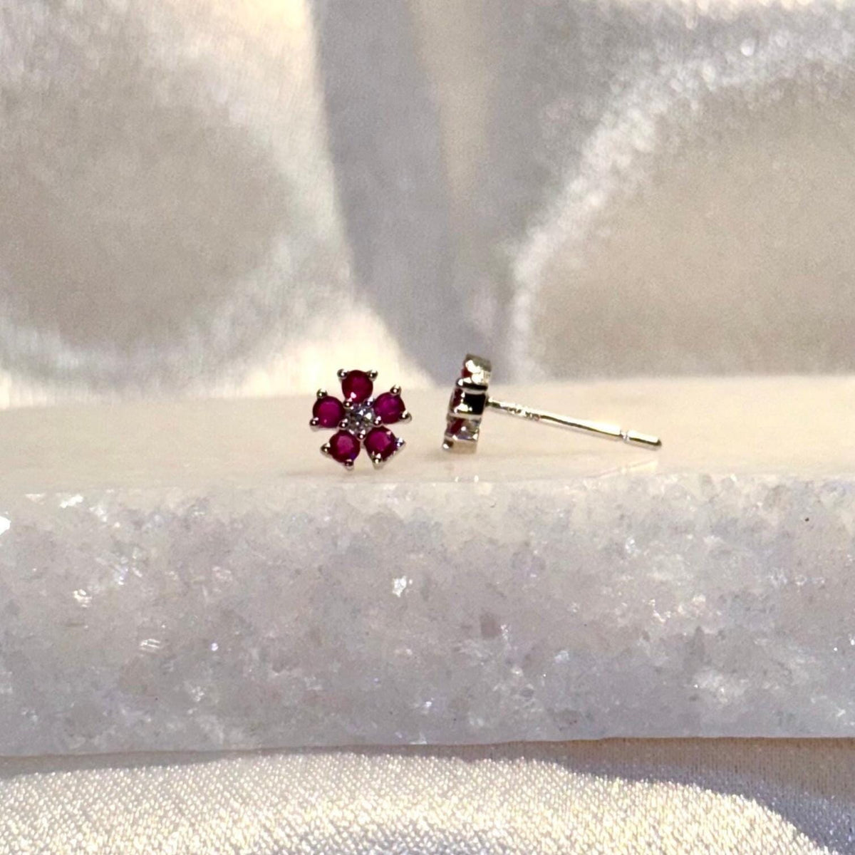 Genuine Ruby and Diamond Flower Stud Earrings / 14k Solid Gold