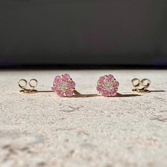 Genuine Pink Sapphire and Diamond Round Cut Flower Stud Earrings | 14k Solid Gold