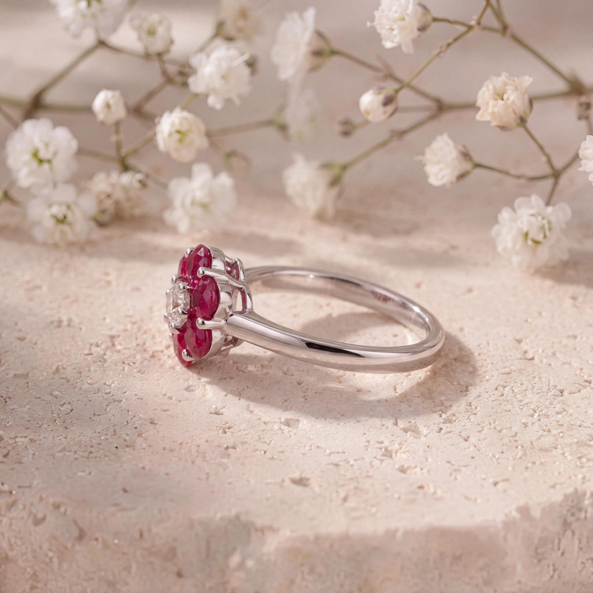 Genuine Ruby and Diamond Flower Ring in 18k Solid White Gold