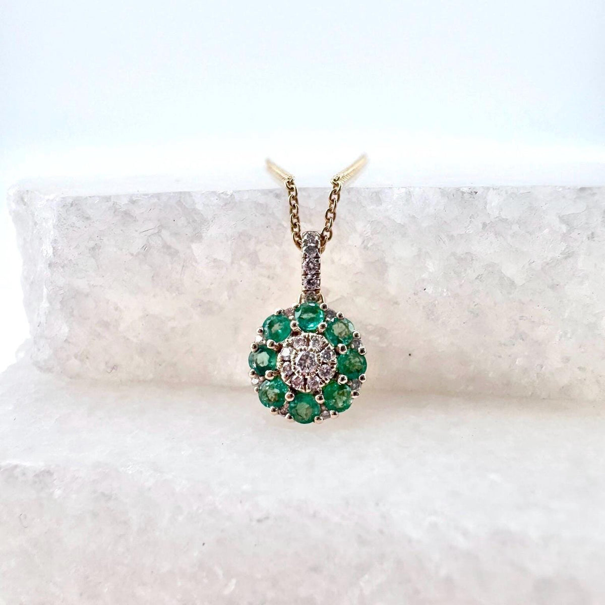 Genuine Emerald and Diamond Round Cluster Pendant | 14k Solid Gold