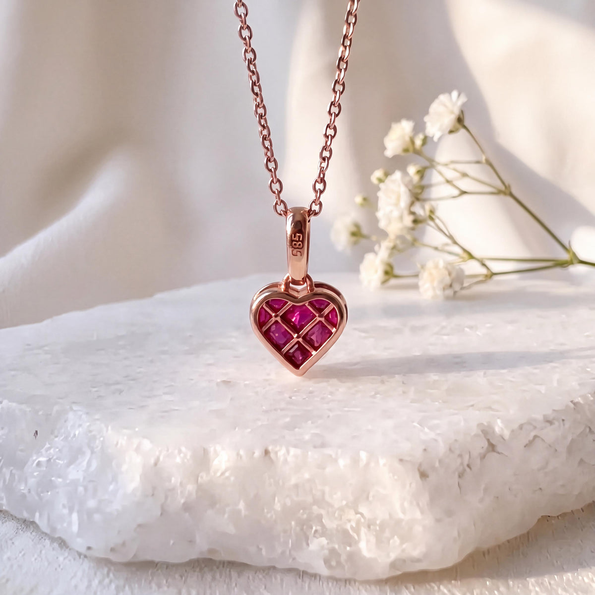 Genuine Ruby and Diamond Heart Pave Pendant / 14k Solid Gold